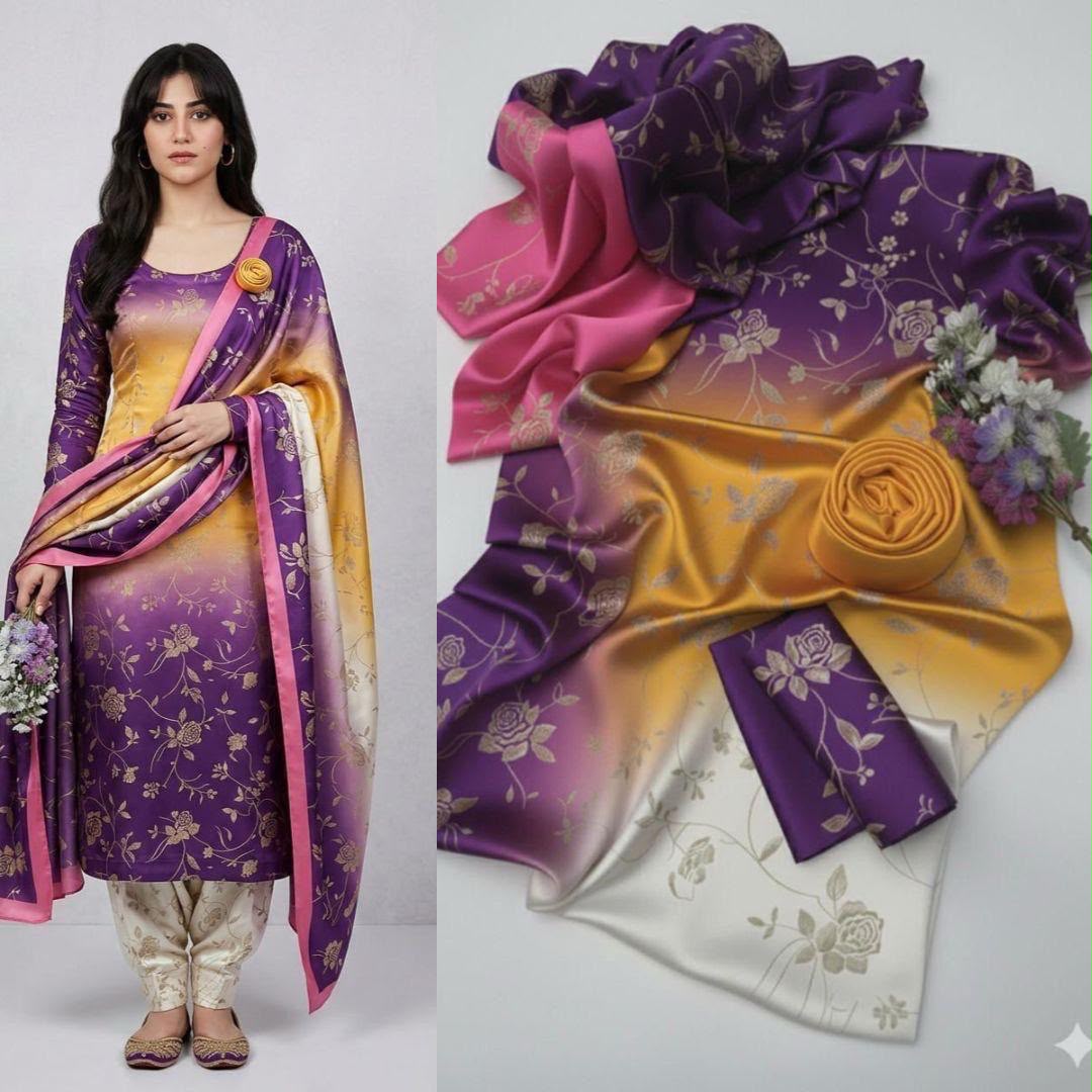 Tie & Dye Digital Printed 3 Piece Shamooz Silk Suit | Premium Unstitched Silk Dress for Women
