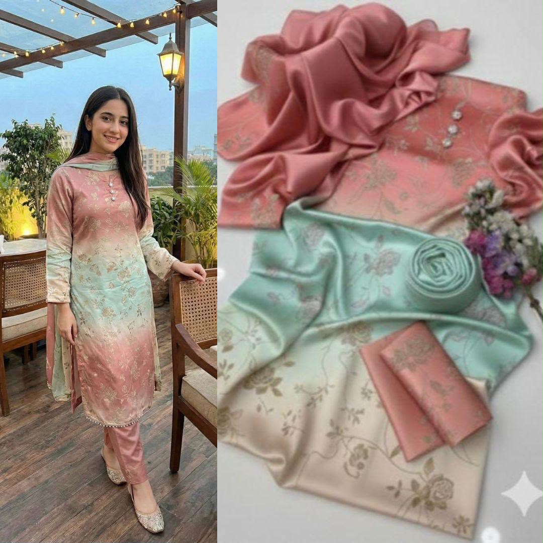 Tie & Dye Digital Printed 3 Piece Shamooz Silk Suit | Premium Unstitched Silk Dress for Women