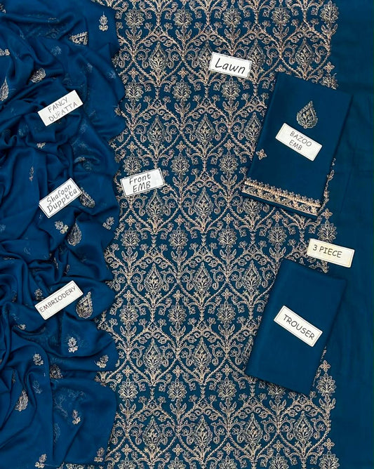 Bareeze Inspired 3 Piece Embroidered Lawn Suit for Women | Premium Unstitched Printed Chiffon Dupatta | Summer Collection