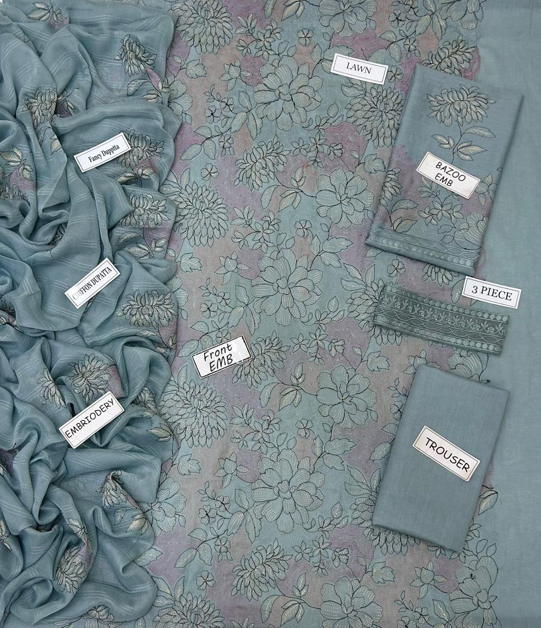 Bareeze Inspired 3 Piece Embroidered Lawn Suit for Women | Premium Unstitched Printed Chiffon Dupatta | Summer Collection