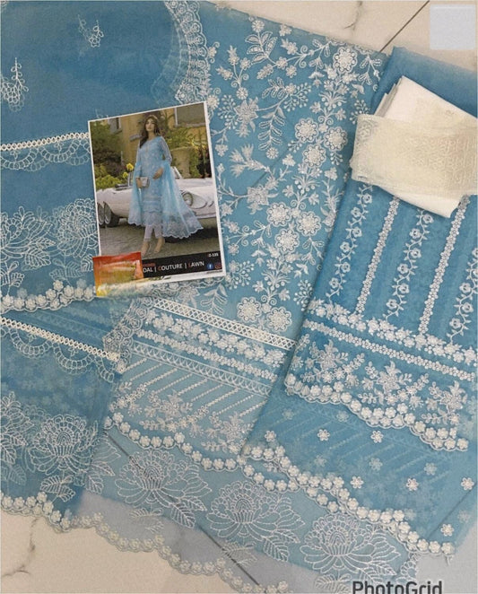 Azure Inspired Luxury 3 Piece Organza Embroidered Suit | Thread & Sequins Formal Wedding Dress for Women