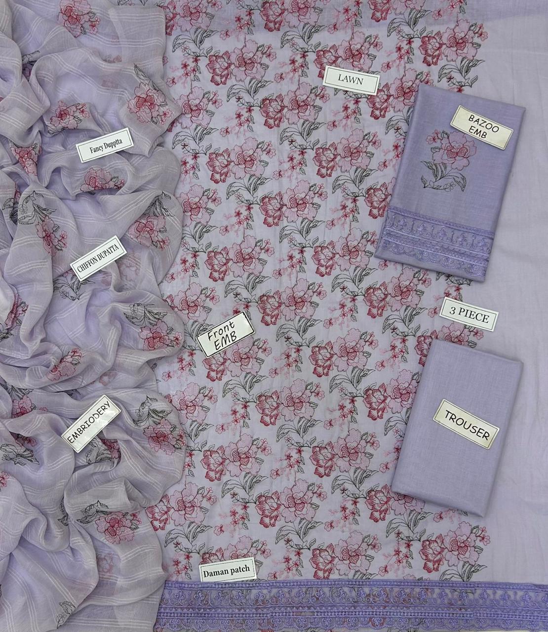 Bareeze Inspired 3 Piece Embroidered Lawn Suit for Women | Premium Unstitched Printed Chiffon Dupatta | Summer Collection
