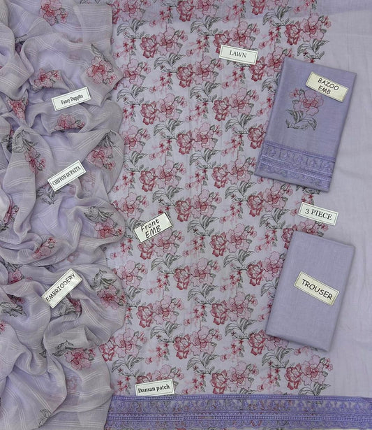 Bareeze Inspired 3 Piece Embroidered Lawn Suit for Women | Premium Unstitched Printed Chiffon Dupatta | Summer Collection