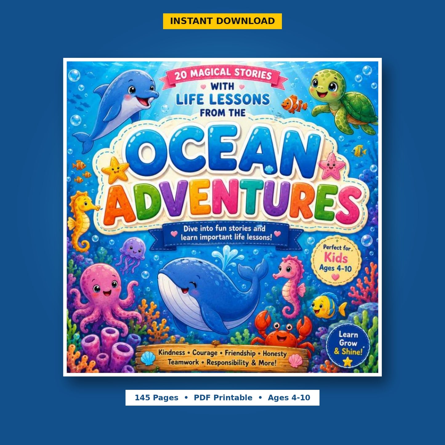 Ocean Adventures for Kids | 20 Bedtime Stories with Life Lessons | Ocean Activity Book | Printable Coloring Pages | Educational PDF Ages 4–10