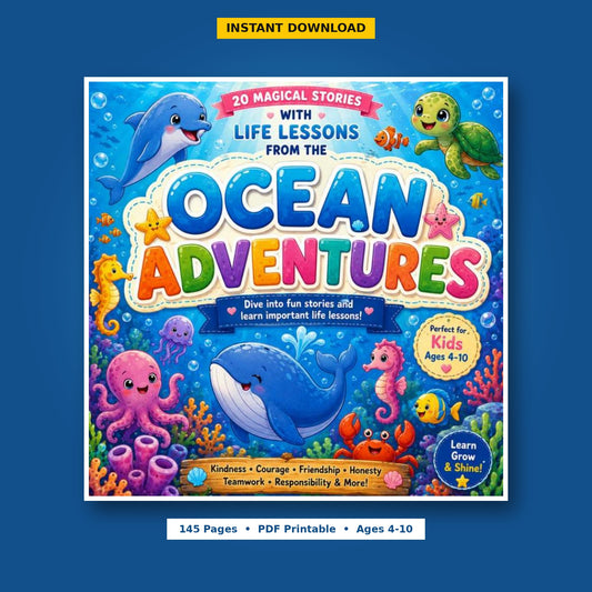 Ocean Adventures for Kids | 20 Bedtime Stories with Life Lessons | Ocean Activity Book | Printable Coloring Pages | Educational PDF Ages 4–10