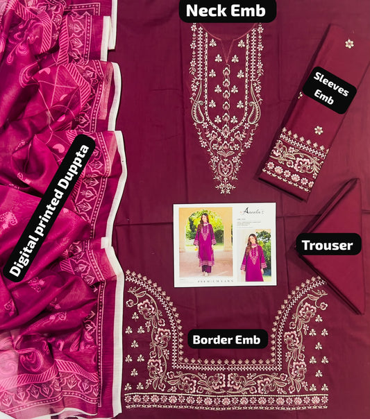 3 Piece Unstitched Embroidered Lawn Suit for Women | Premium Lawn Shirt, Printed Dupatta & Trouser