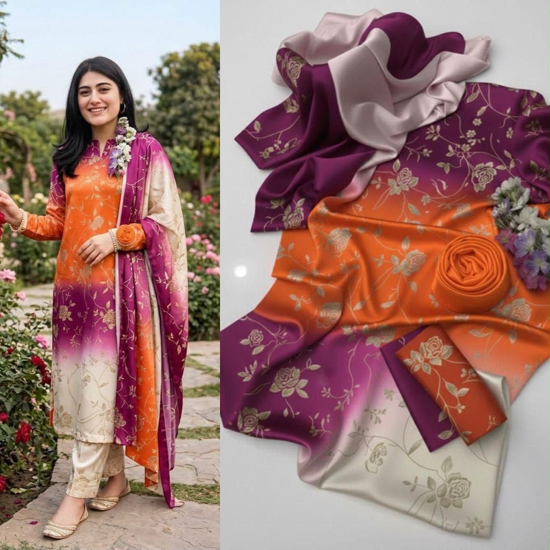 Tie & Dye Digital Printed 3 Piece Shamooz Silk Suit | Premium Unstitched Silk Dress for Women