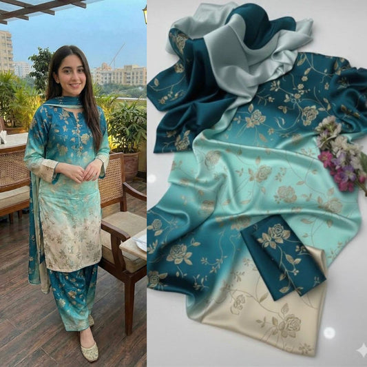 Tie & Dye Digital Printed 3 Piece Shamooz Silk Suit | Premium Unstitched Silk Dress for Women