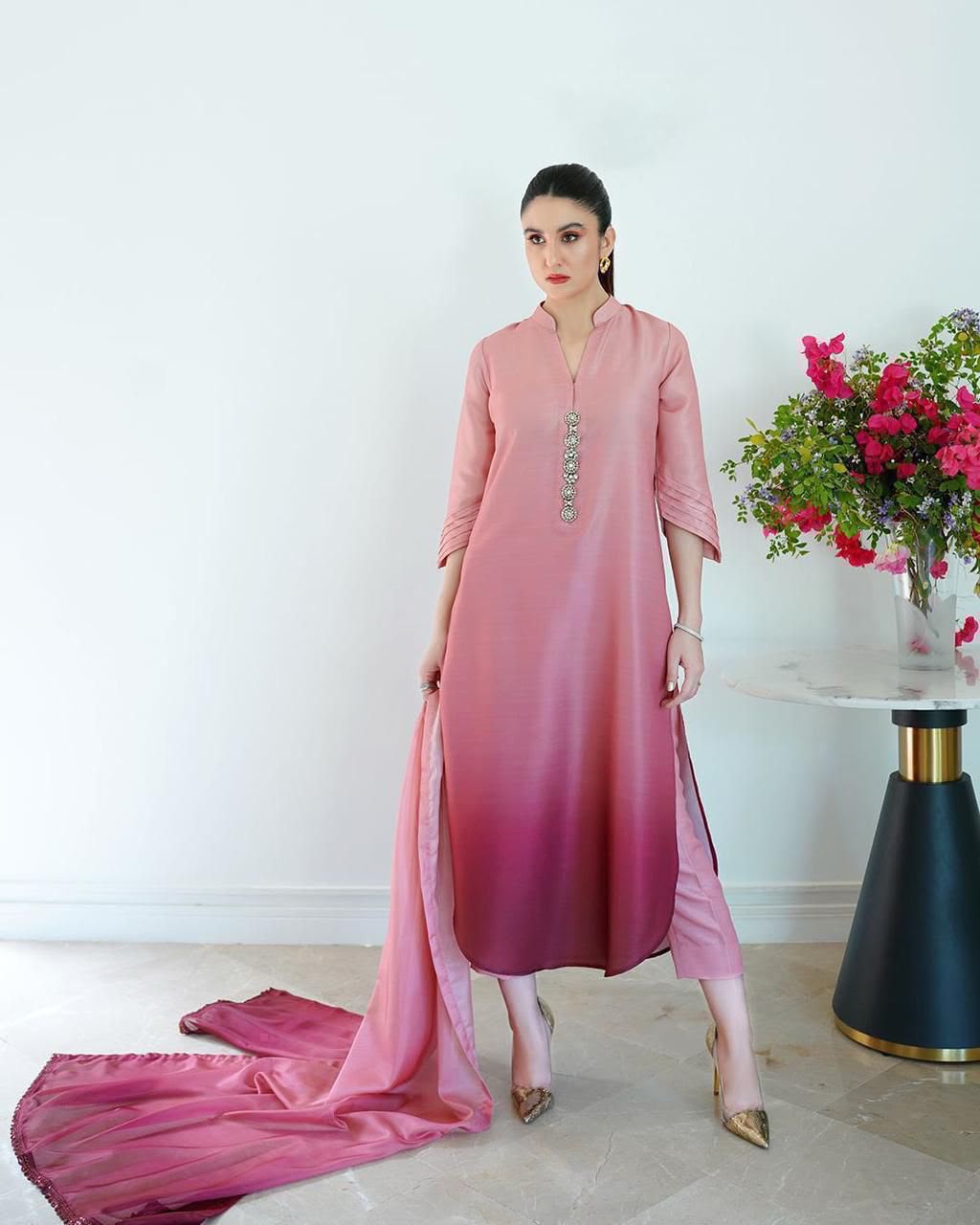 Tie & Dye Digital Printed 3 Piece Shamooz Silk Suit | Premium Unstitched Silk Dress for Women