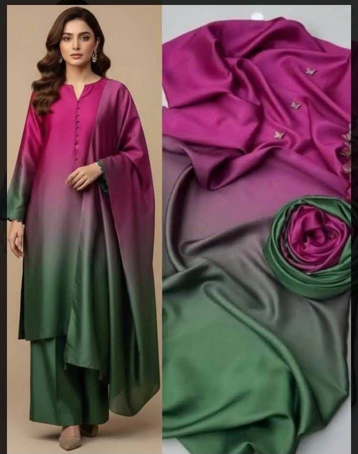 Tie & Dye Digital Printed 3 Piece Shamooz Silk Suit | Premium Unstitched Silk Dress for Women