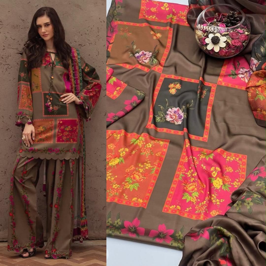 Tie & Dye Digital Printed 3 Piece Shamooz Silk Suit | Premium Unstitched Silk Dress for Women