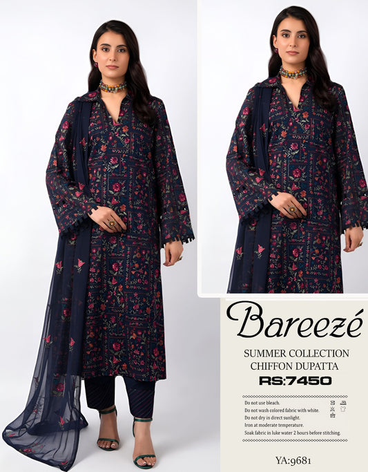 Bareeze Inspired 3 Piece Embroidered Lawn Suit for Women | Premium Unstitched Printed Chiffon Dupatta | Summer Collection