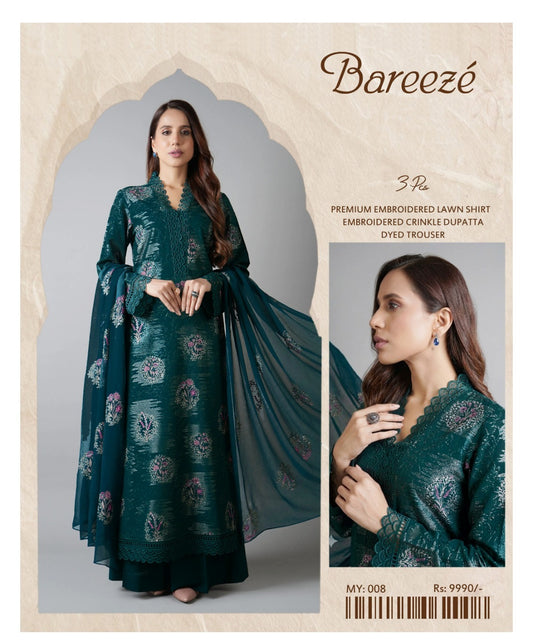 Bareeze Inspired 3 Piece Embroidered Lawn Suit for Women | Premium Unstitched Printed Chiffon Dupatta | Summer Collection