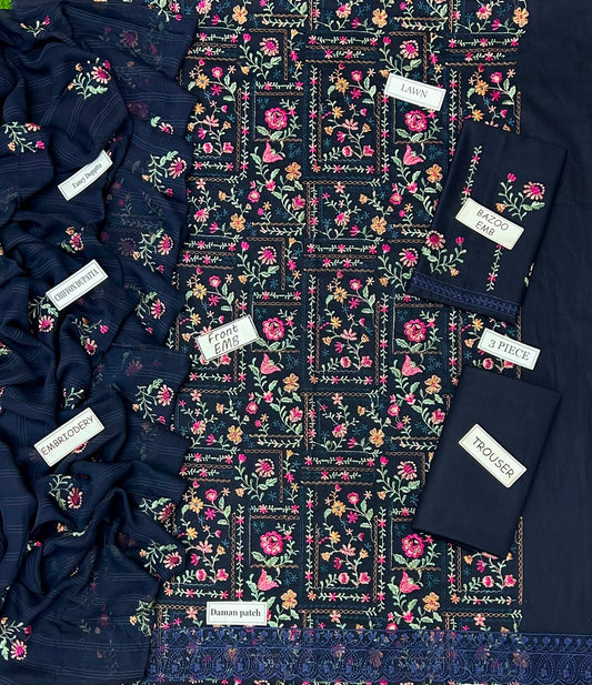 Bareeze Inspired 3 Piece Embroidered Lawn Suit for Women | Premium Unstitched Printed Chiffon Dupatta | Summer Collection