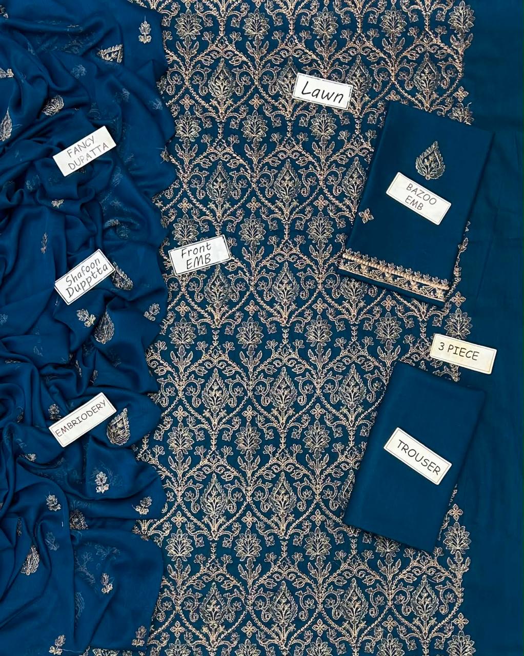 Bareeze Inspired 3 Piece Embroidered Lawn Suit for Women | Premium Unstitched Printed Chiffon Dupatta | Summer Collection