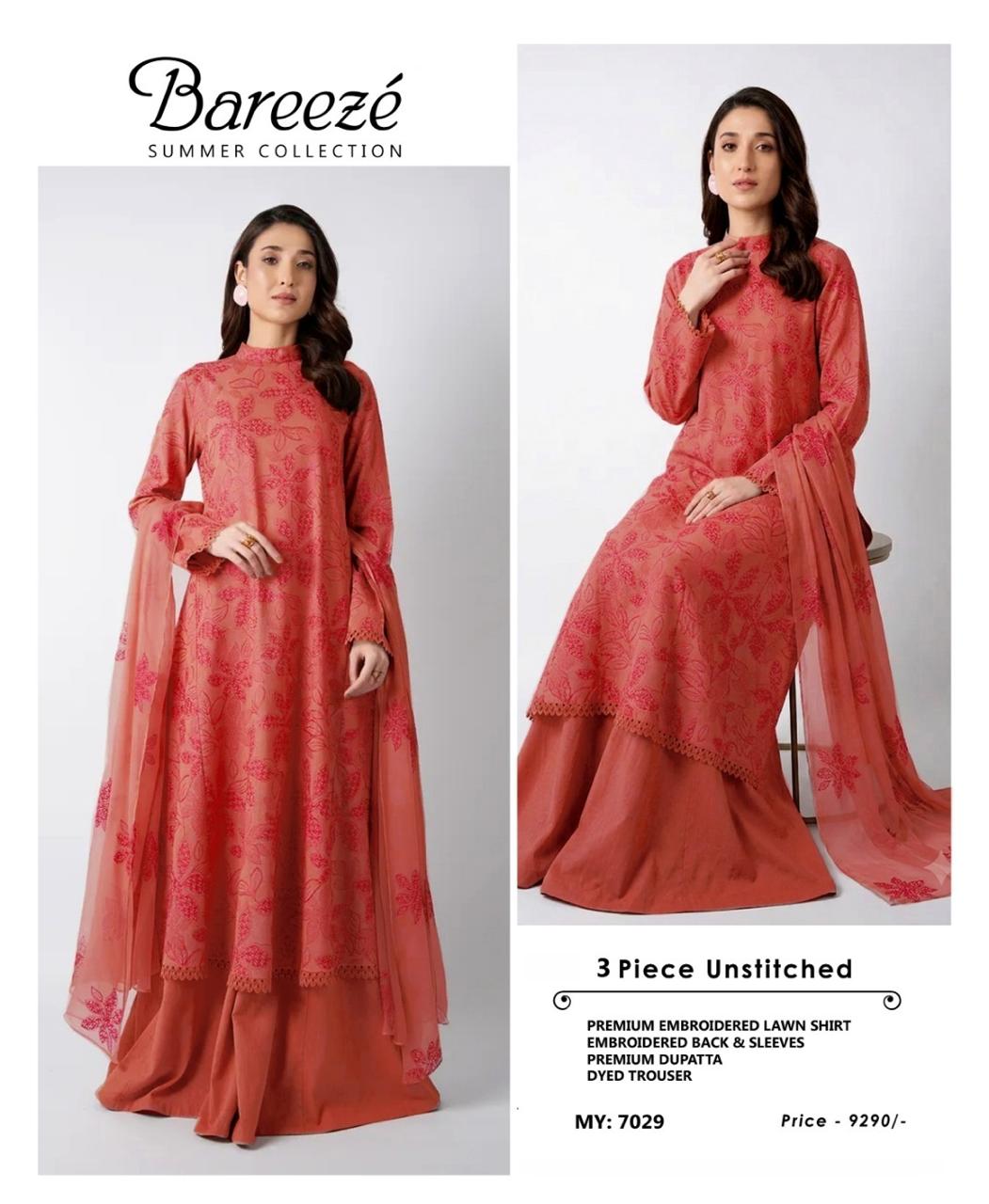 Bareeze Inspired 3 Piece Embroidered Lawn Suit for Women | Premium Unstitched Printed Chiffon Dupatta | Summer Collection