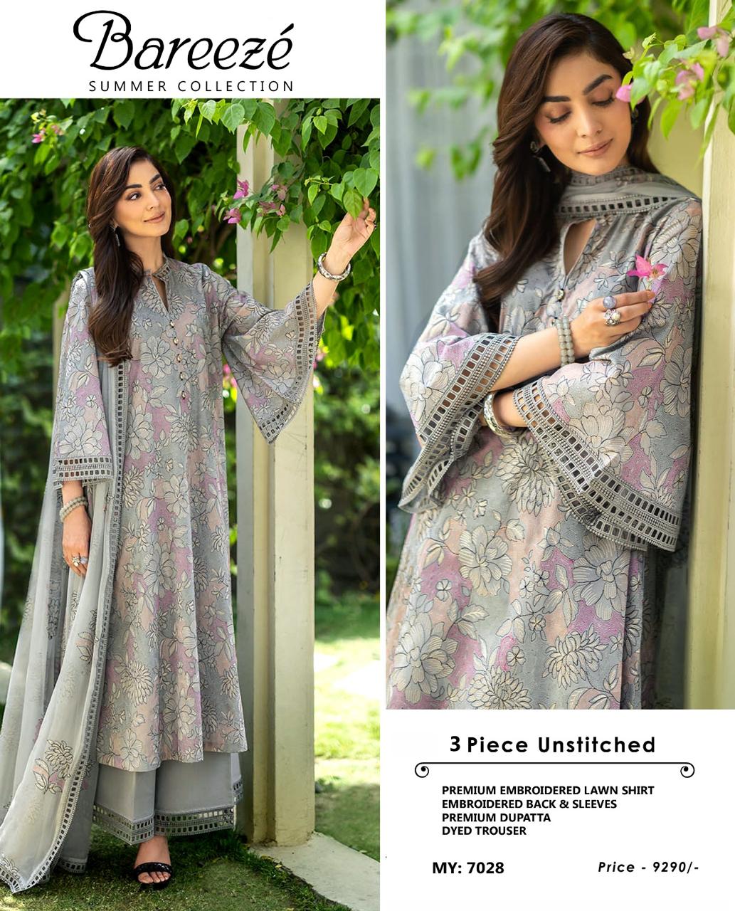 Bareeze Inspired 3 Piece Embroidered Lawn Suit for Women | Premium Unstitched Printed Chiffon Dupatta | Summer Collection