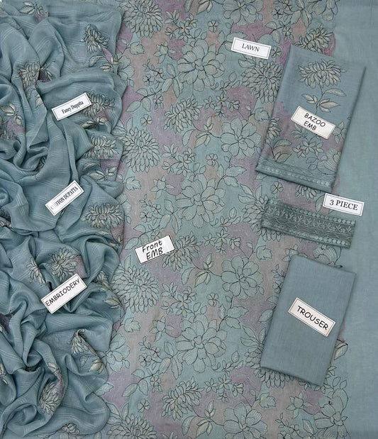 Bareeze Inspired 3 Piece Embroidered Lawn Suit for Women | Premium Unstitched Printed Chiffon Dupatta | Summer Collection