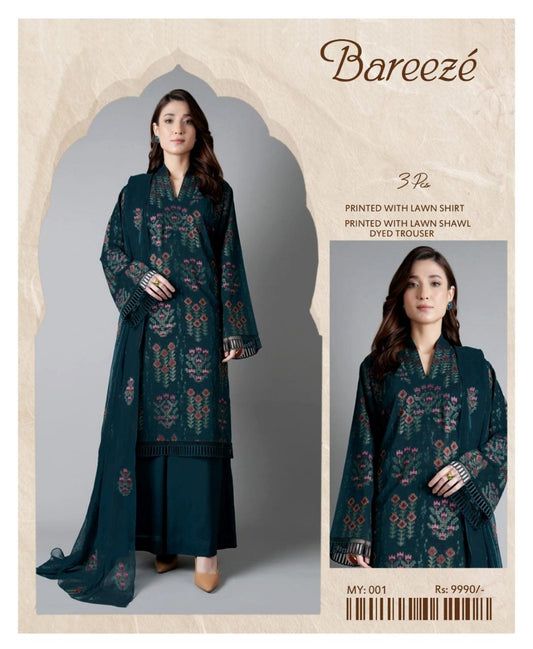 Bareeze Inspired 3 Piece Embroidered Lawn Suit for Women | Premium Unstitched Printed Chiffon Dupatta | Summer Collection