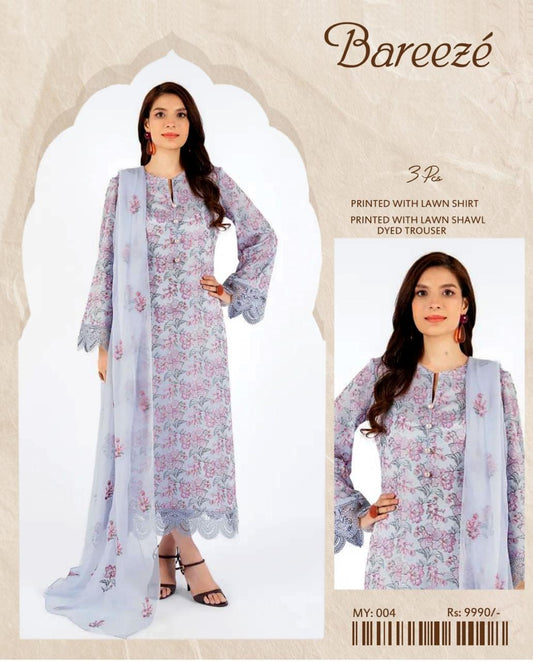 Bareeze Inspired 3 Piece Embroidered Lawn Suit for Women | Premium Unstitched Printed Chiffon Dupatta | Summer Collection
