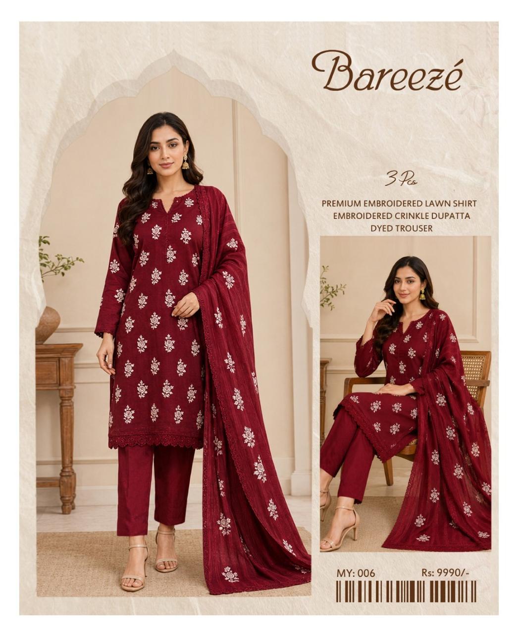 Bareeze Inspired 3 Piece Embroidered Lawn Suit for Women | Premium Unstitched Printed Chiffon Dupatta | Summer Collection