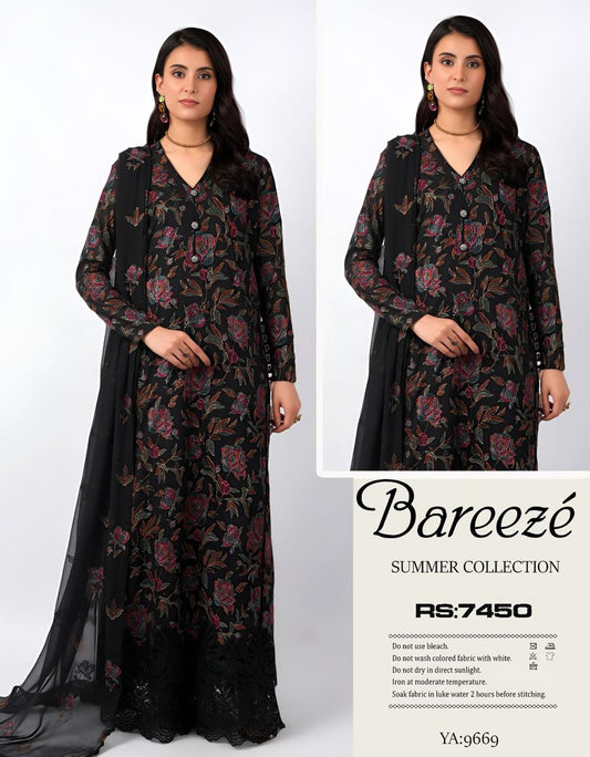 Bareeze Inspired 3 Piece Embroidered Lawn Suit for Women | Premium Unstitched Printed Chiffon Dupatta | Summer Collection