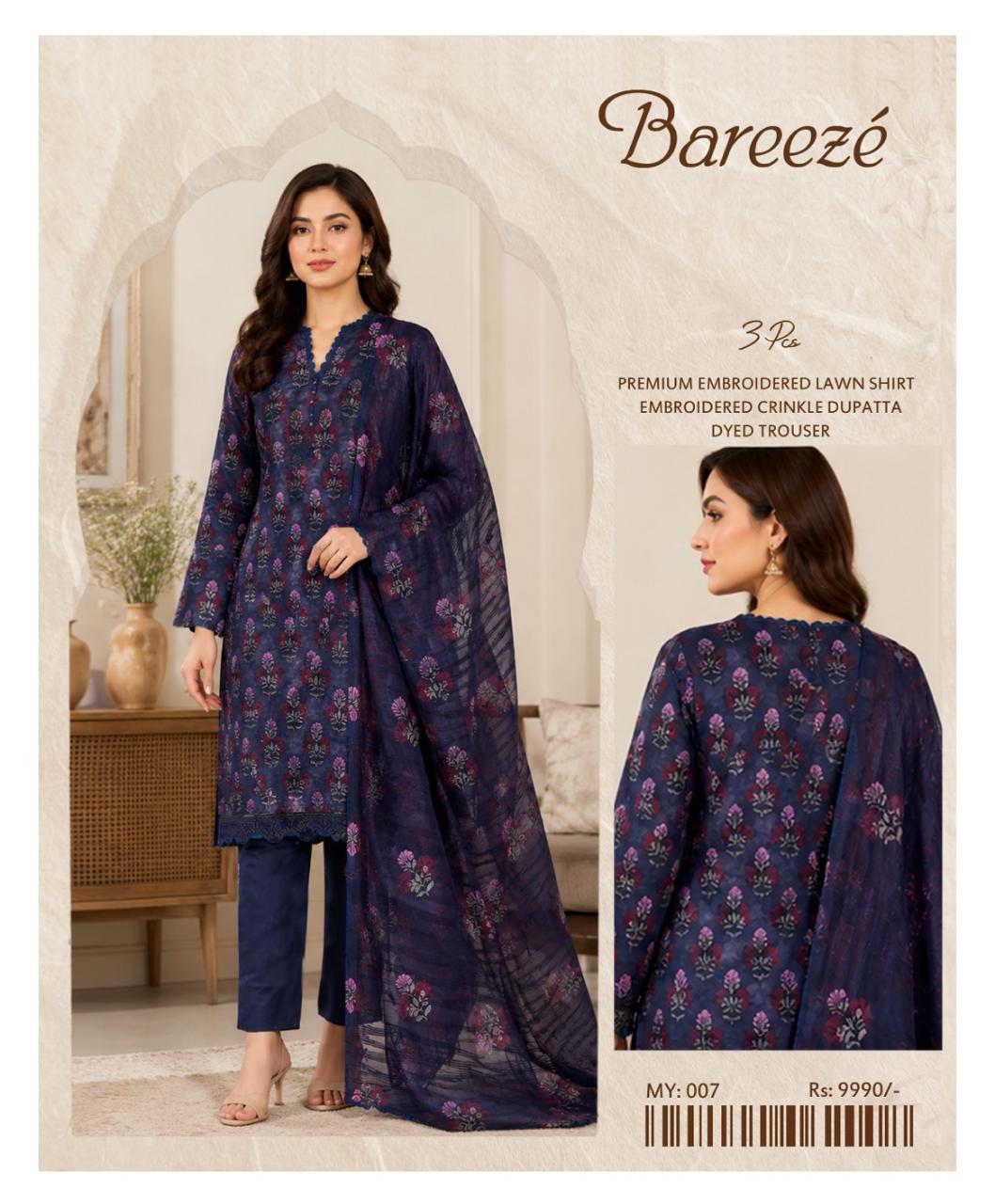 Bareeze Inspired 3 Piece Embroidered Lawn Suit for Women | Premium Unstitched Printed Chiffon Dupatta | Summer Collection