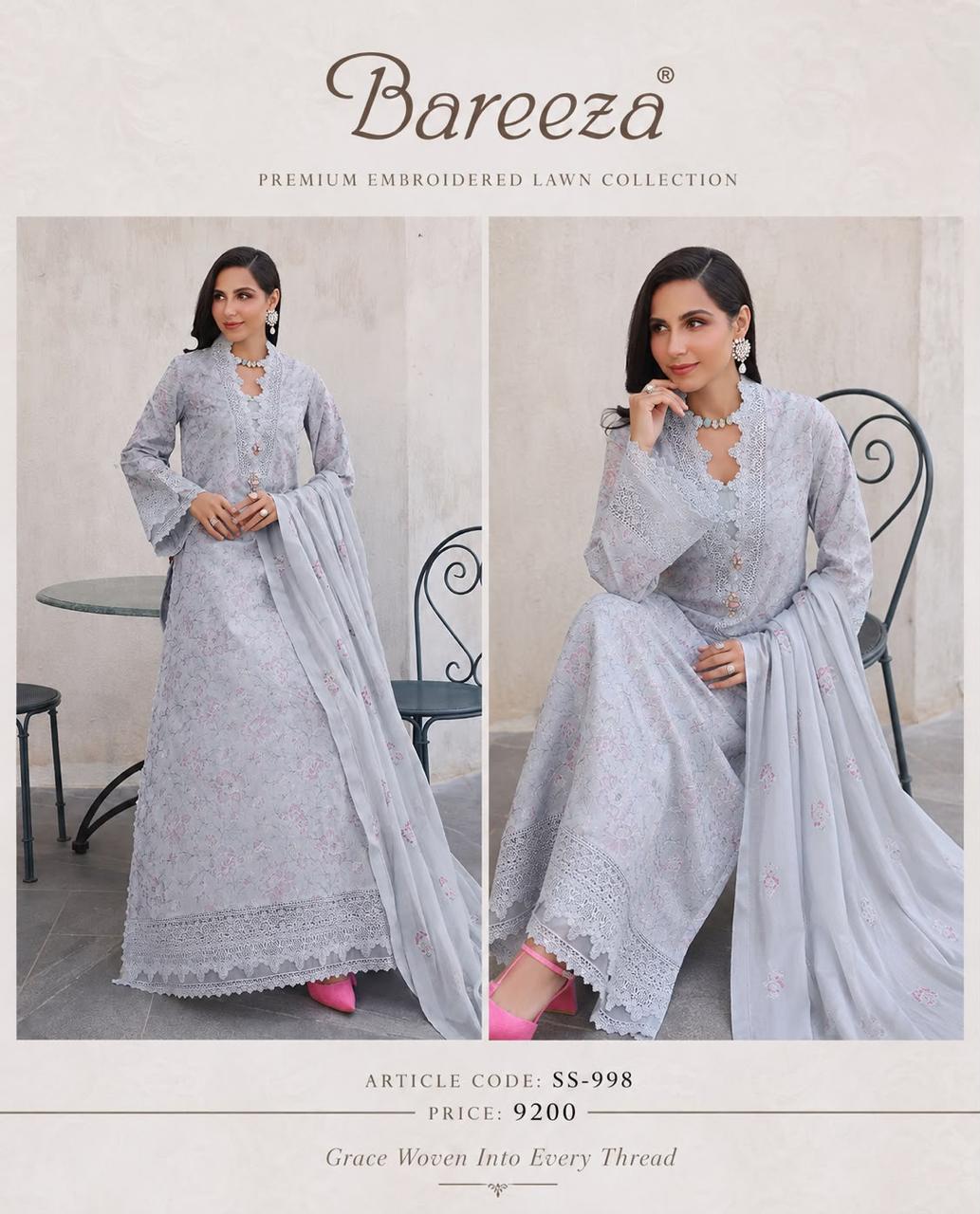 Bareeze Inspired 3 Piece Embroidered Lawn Suit for Women | Premium Unstitched Printed Chiffon Dupatta | Summer Collection