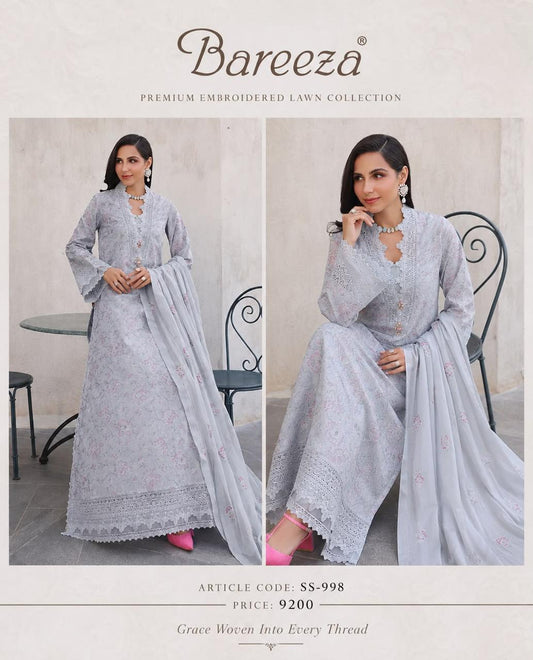Bareeze Inspired 3 Piece Embroidered Lawn Suit for Women | Premium Unstitched Printed Chiffon Dupatta | Summer Collection