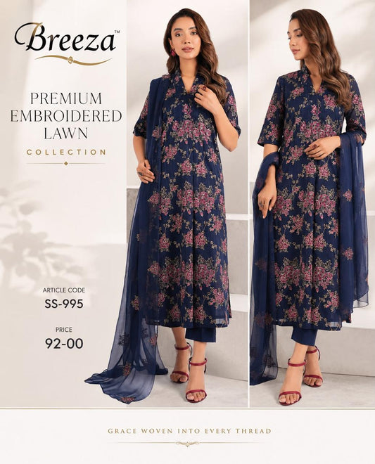 Bareeze Inspired 3 Piece Embroidered Lawn Suit for Women | Premium Unstitched Printed Chiffon Dupatta | Summer Collection