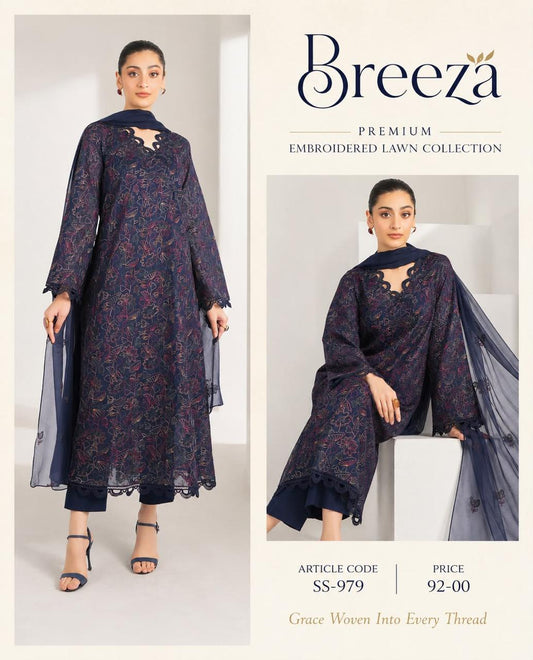 Bareeze Inspired 3 Piece Embroidered Lawn Suit for Women | Premium Unstitched Printed Chiffon Dupatta | Summer Collection