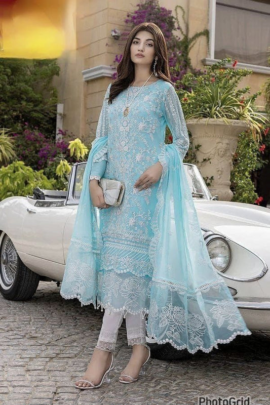 Azure Inspired Luxury 3 Piece Organza Embroidered Suit | Thread & Sequins Formal Wedding Dress for Women