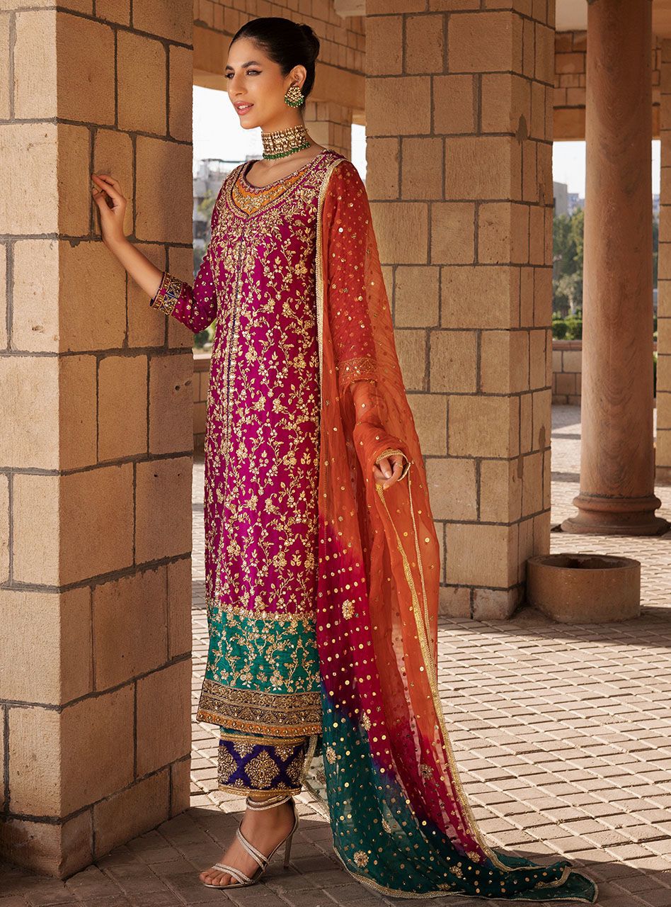 Zainab Chottani Inspired Luxury 3 Piece Chiffon Suit | Heavy Embroidered Wedding Dress with Tie & Dye Net Dupatta