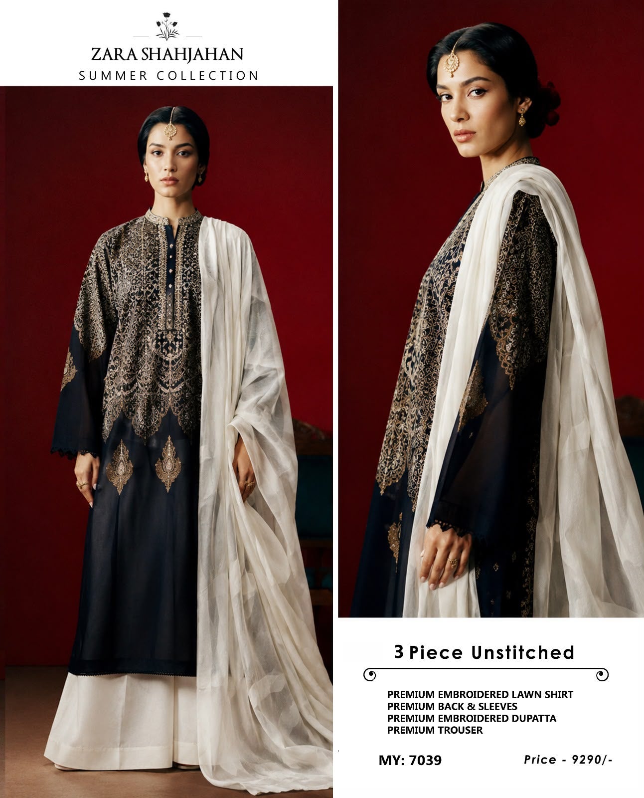 Zara Shahjahan Inspired Premium 3 Piece Embroidered Lawn Suit | Summer Collection 2026 | Chiffon Dupatta