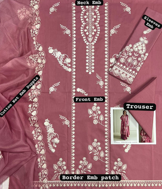 3 Piece Unstitched Embroidered Lawn Suit for Women | Premium Lawn Shirt, Printed Dupatta & Trouser