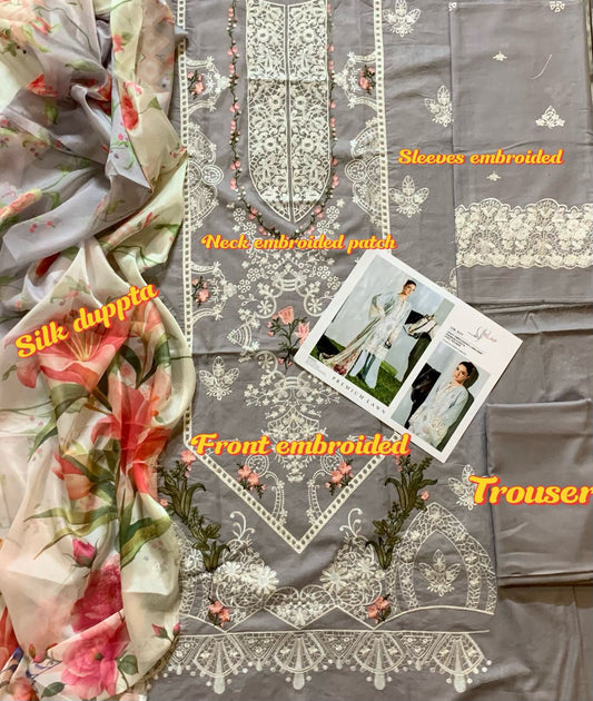 3 Piece Unstitched Embroidered Lawn Suit for Women | Premium Lawn Shirt, Printed Dupatta & Trouser