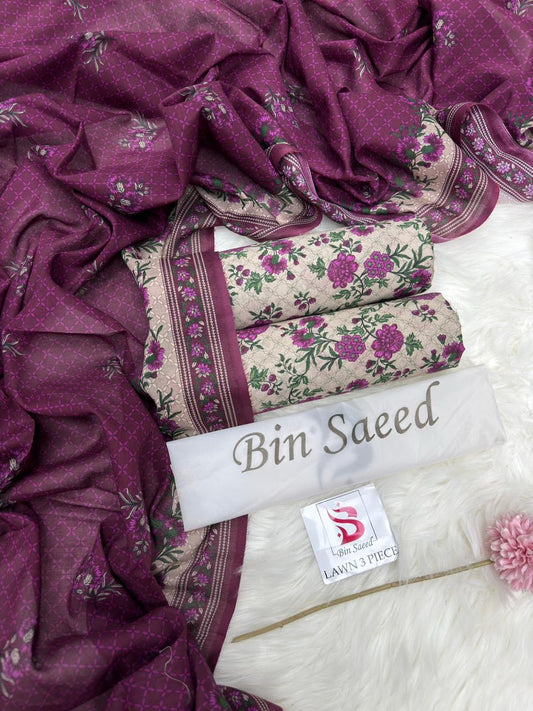 Bin Saeed Summer Collection 2026 | 3 Piece Digital Printed Airjet Lawn Suit | Premium Unstitched Lawn Dress 2026