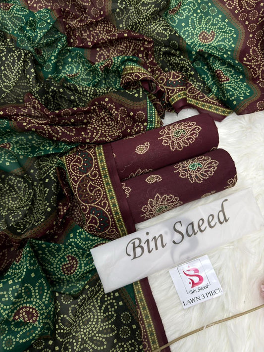 Bin Saeed Summer Collection 2026 | 3 Piece Digital Printed Airjet Lawn Suit | Premium Unstitched Lawn Dress 2026