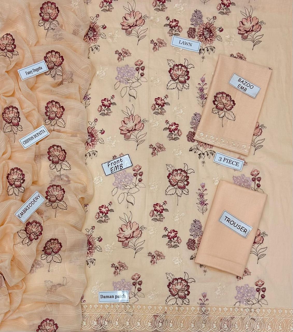 Bareeze Inspired 3 Piece Embroidered Lawn Suit for Women | Premium Unstitched Printed Chiffon Dupatta | Summer Collection
