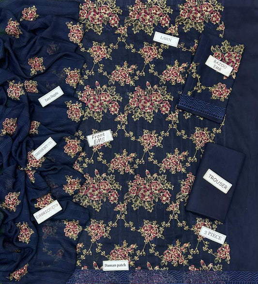Bareeze Inspired 3 Piece Embroidered Lawn Suit for Women | Premium Unstitched Printed Chiffon Dupatta | Summer Collection