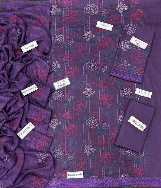 Bareeze Inspired 3 Piece Embroidered Lawn Suit for Women | Premium Unstitched Printed Chiffon Dupatta | Summer Collection